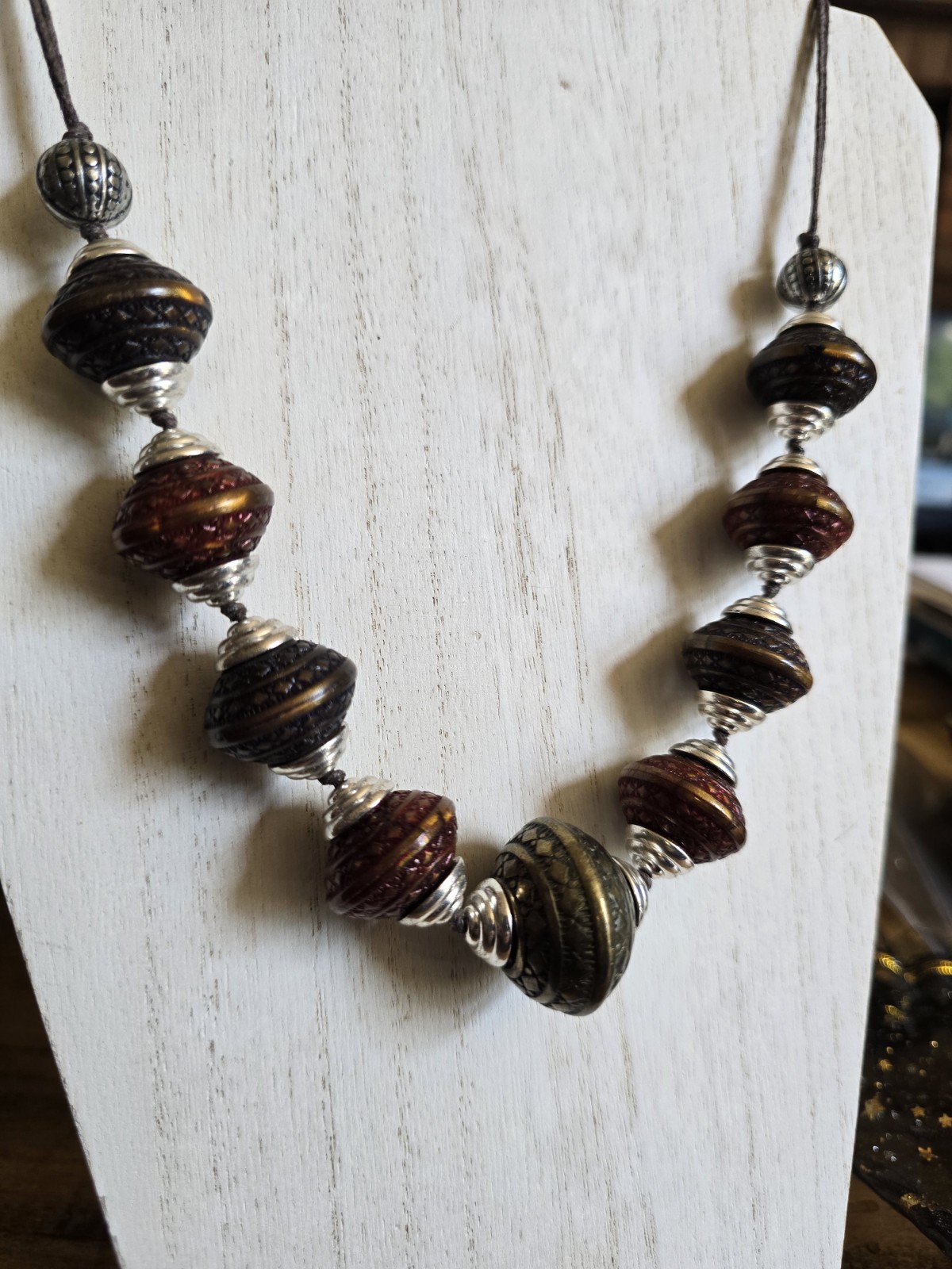 Silver Bronze Gold Tribal Filigree Beaded Necklace 21”