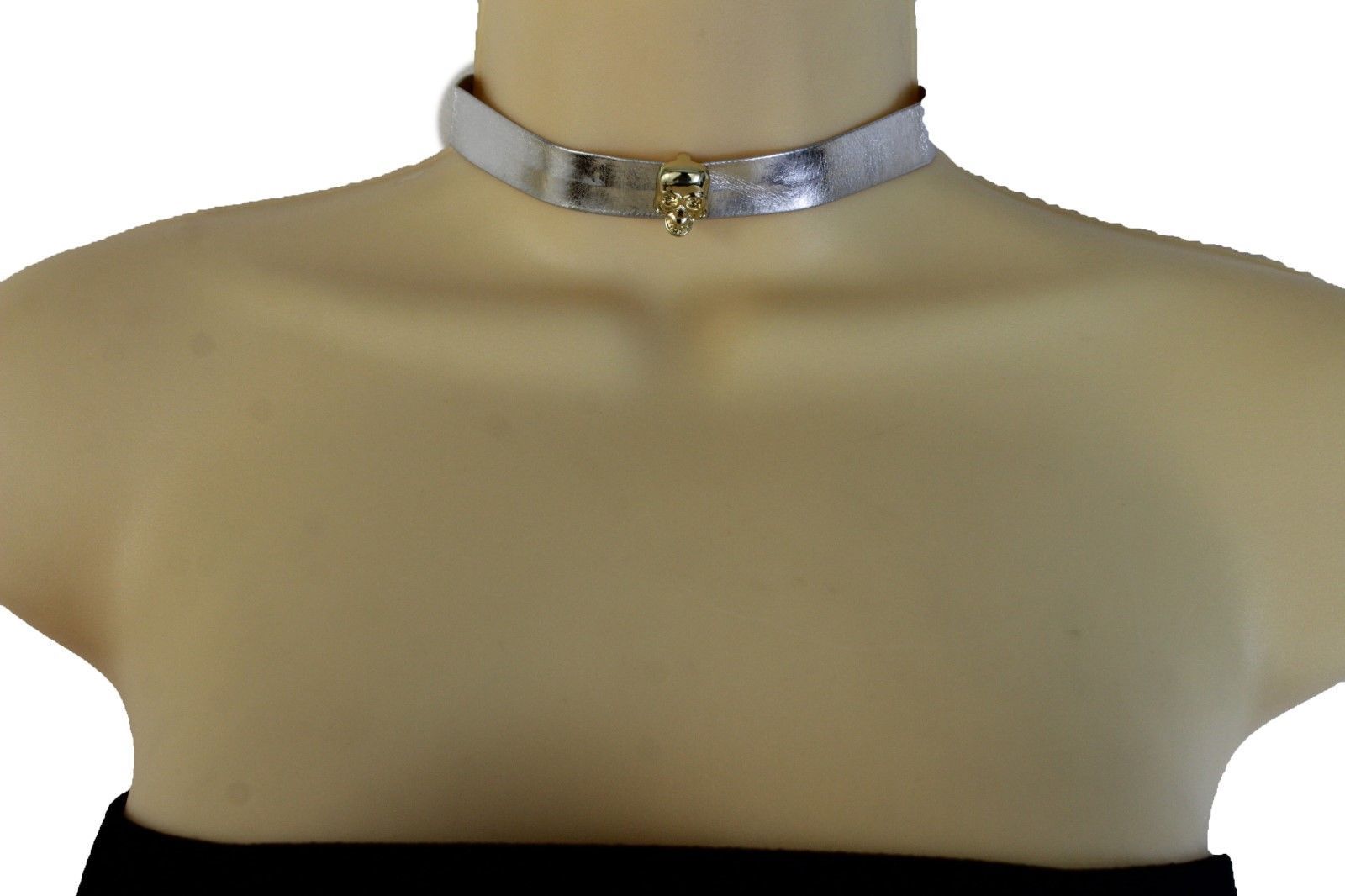 Hot Women Skinny Band Metallic Silver Choker Fashion Jewelry Necklace Gold Skull