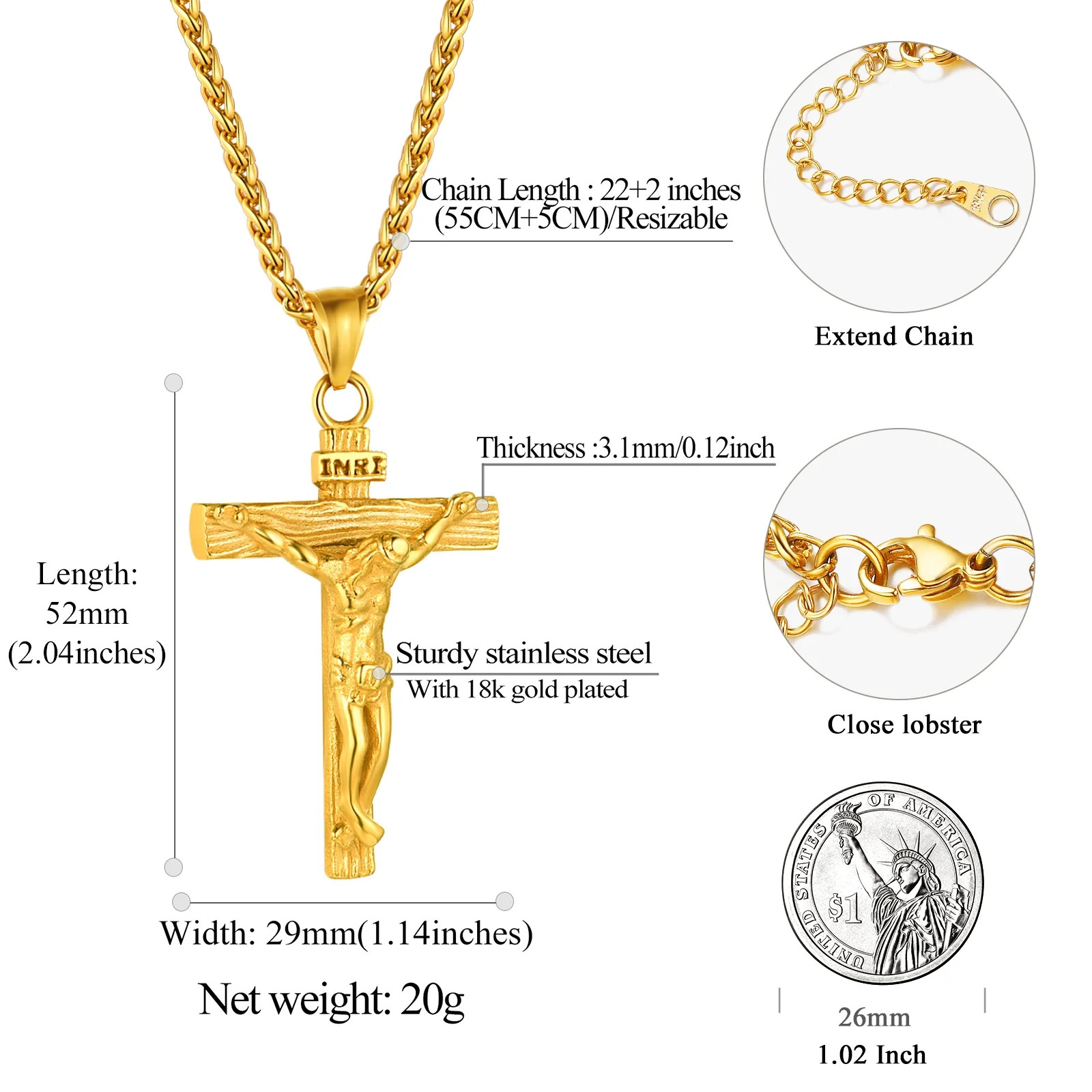 Gold Plated Cross Necklaces for Men Stainless Steel INRI Crucifix Pendant Neckla