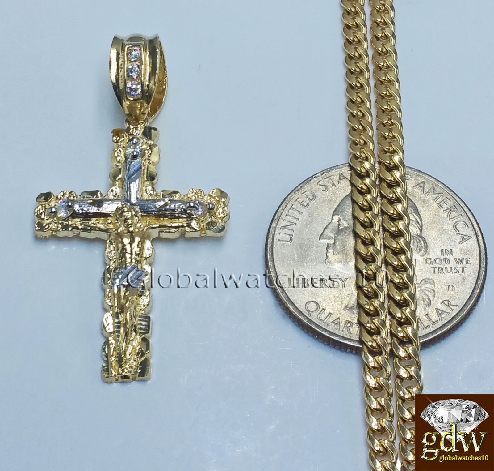 Real 10k Yellow Gold Jesus Cross Charm Pendant 18″ Miami Cuban Link Chain SET