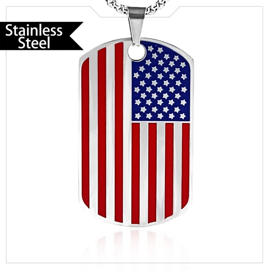 American Flag Dog Tag Necklace – Stainless Steel – USA Veteran, Gift