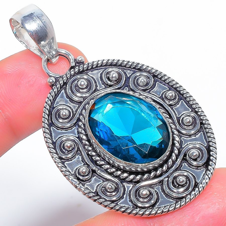 Madagascar Blue Sapphire (Lab-Created) 925 Silver Plated Pendant 2.3″ M1510