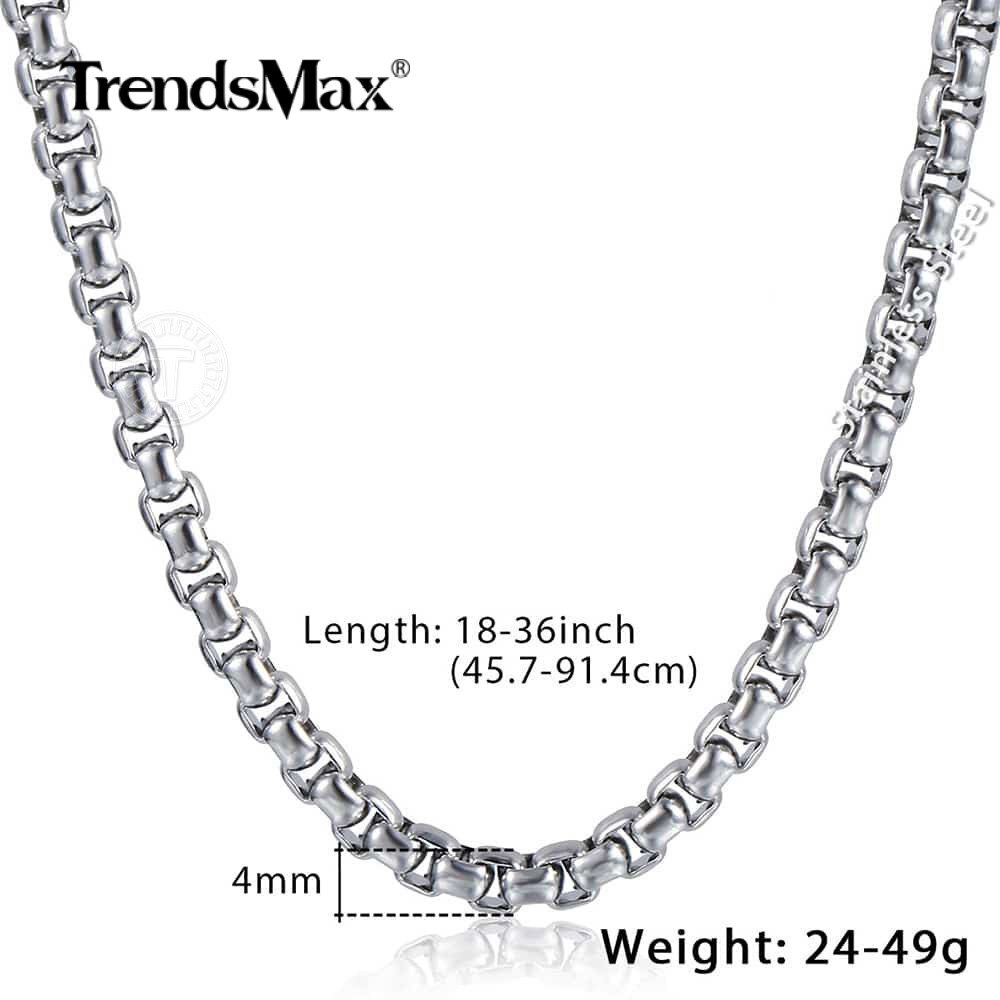 4MM Silver Stainless Steel Round Box Link Necklace Women Men Chain 18/20/22/24″