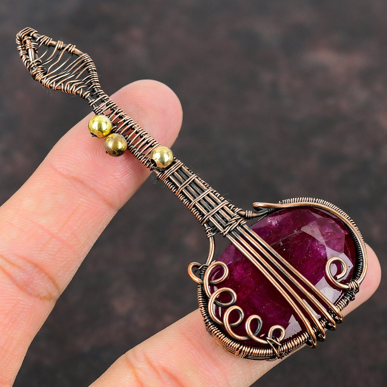 Gift For Her Copper Gemstone Jewelry Handmade Wire Wrapped Guitar Pendant 3.62″
