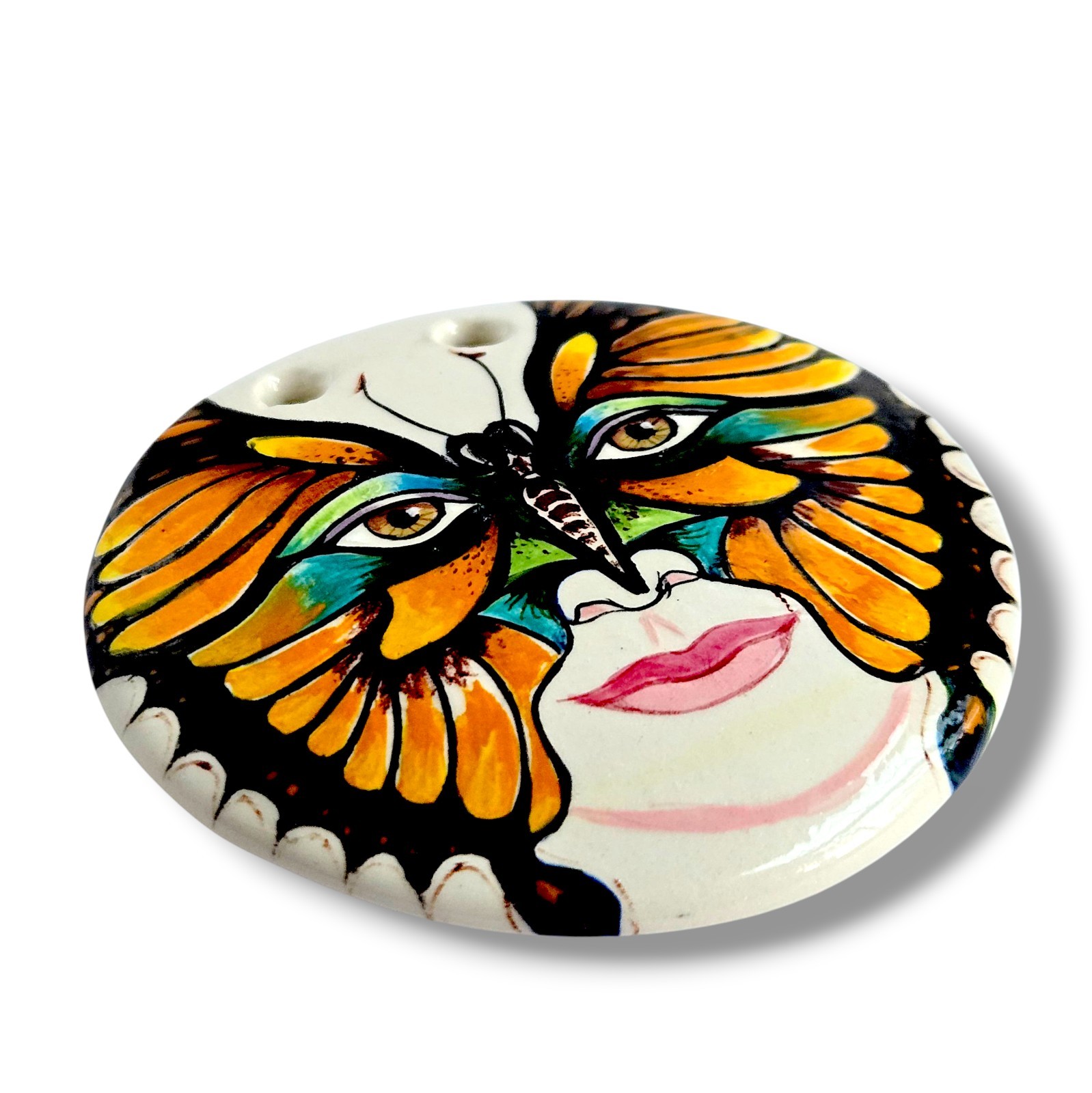 Artisan Monarch Butterfly Mask Woman Face Ceramic Art Pendant Bernice Horowitz