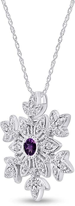 Snowflake Pendant 18″ Necklace Round Simulated Birthstone 14K White Gold Plated