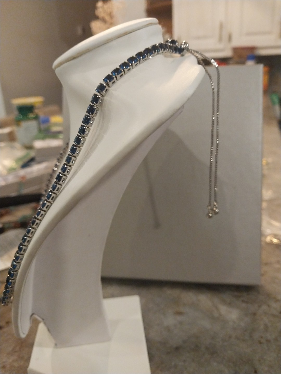 Simulated Sapphire Tennis Necklace (18-26 Inches) with Bolo Slider in Silvertone