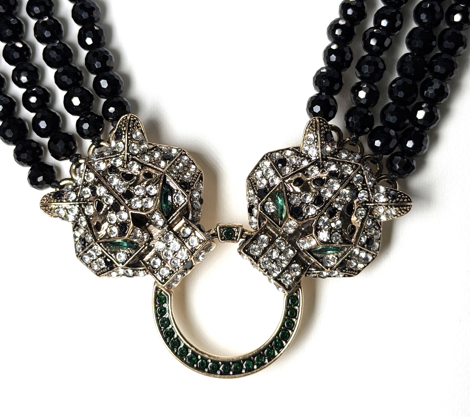 Natasha Double Leopard Panther Head Black Beaded Statement Necklace Rhinestone