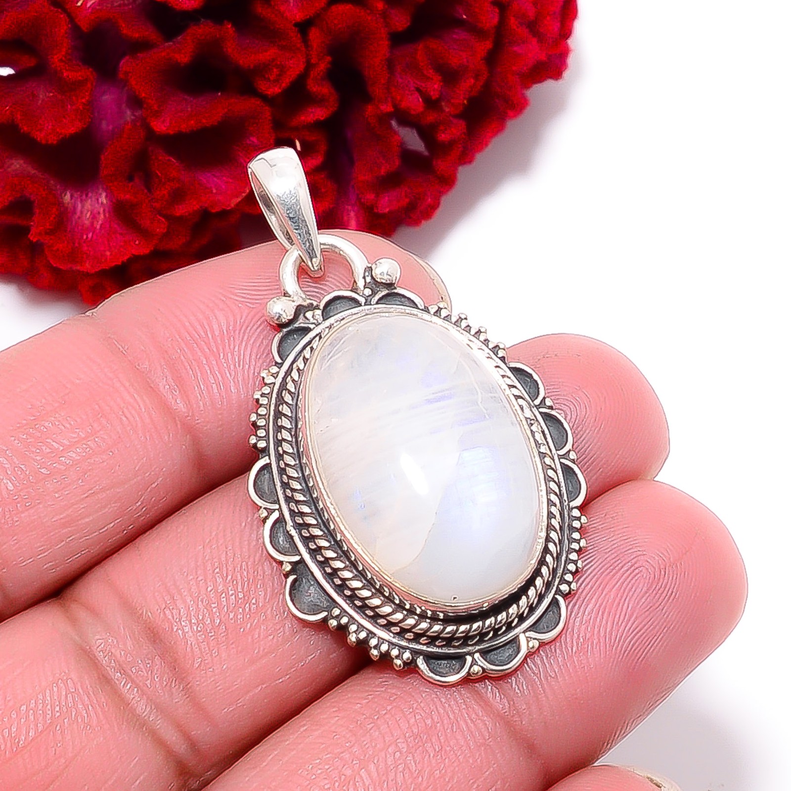 Rainbow Moonstone – India Gemstone 925 Sterling Silver Pendant 1.76″ P96219