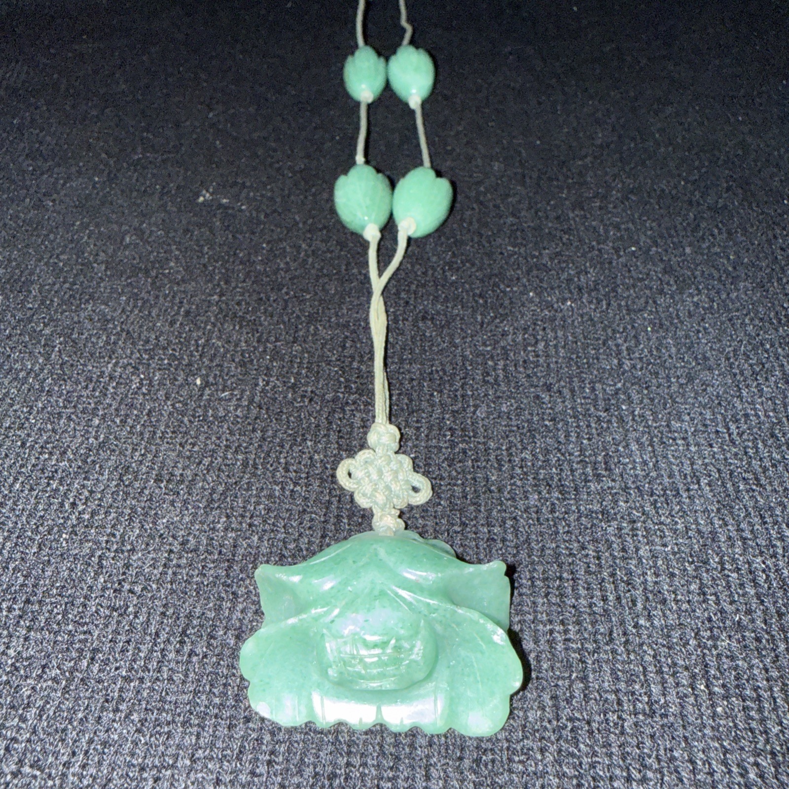 Jade “Flower” Necklace 15in Drop, On Cord.