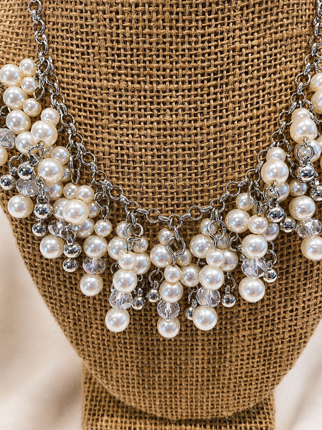 Silver Tone Faux Pearl Crystal Cluster Statement Bib Necklace Bridal Prom