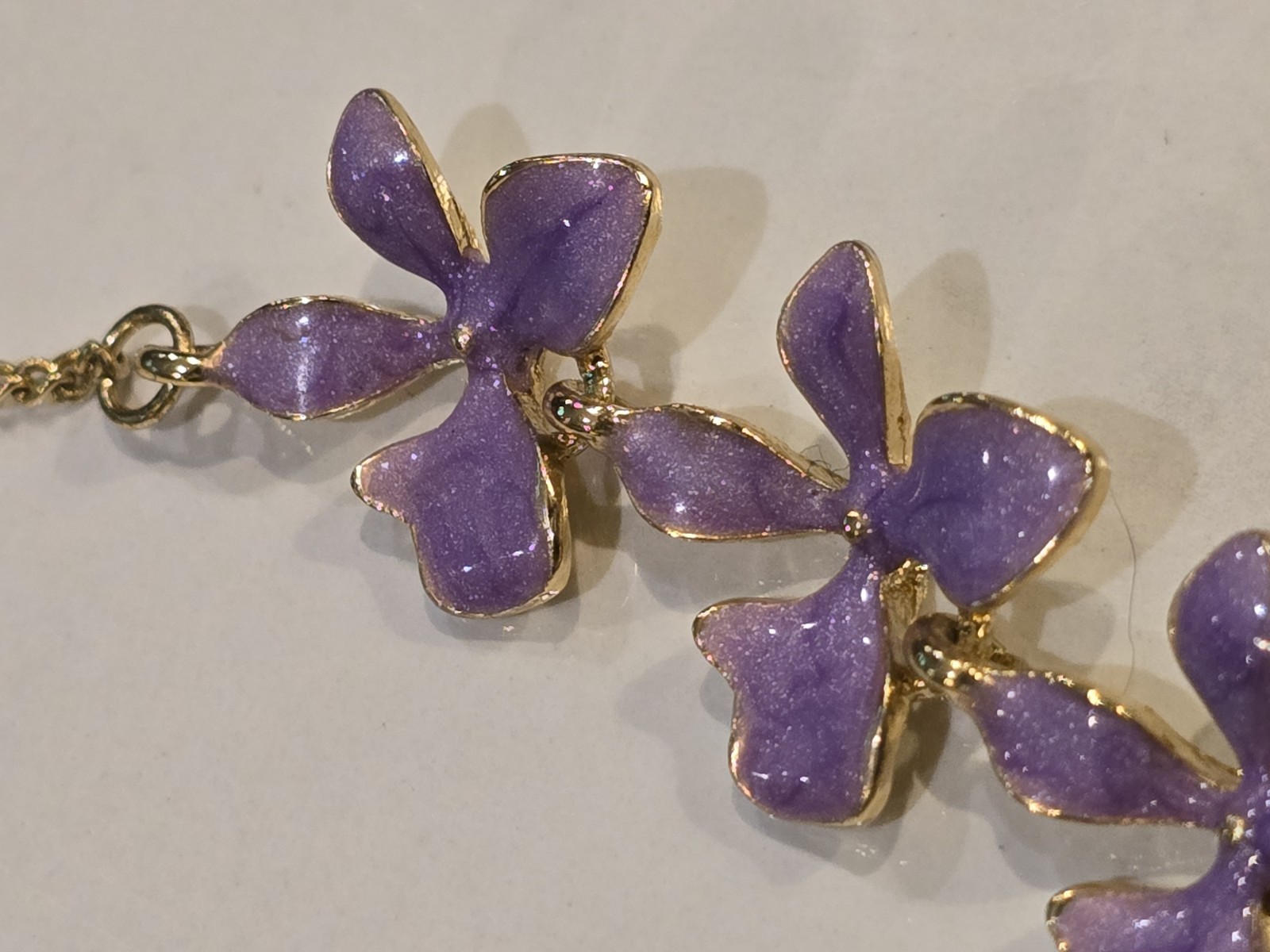 Lavender Enamel Flower Necklace Gold Tone Floral Statement Adjustable Purple