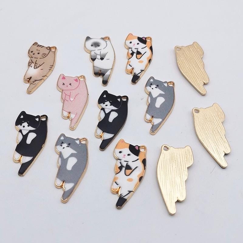 12PCS Gold Tone Enamel CAT Charm Pendant, Halloween Charms 12X25mm LCRG12