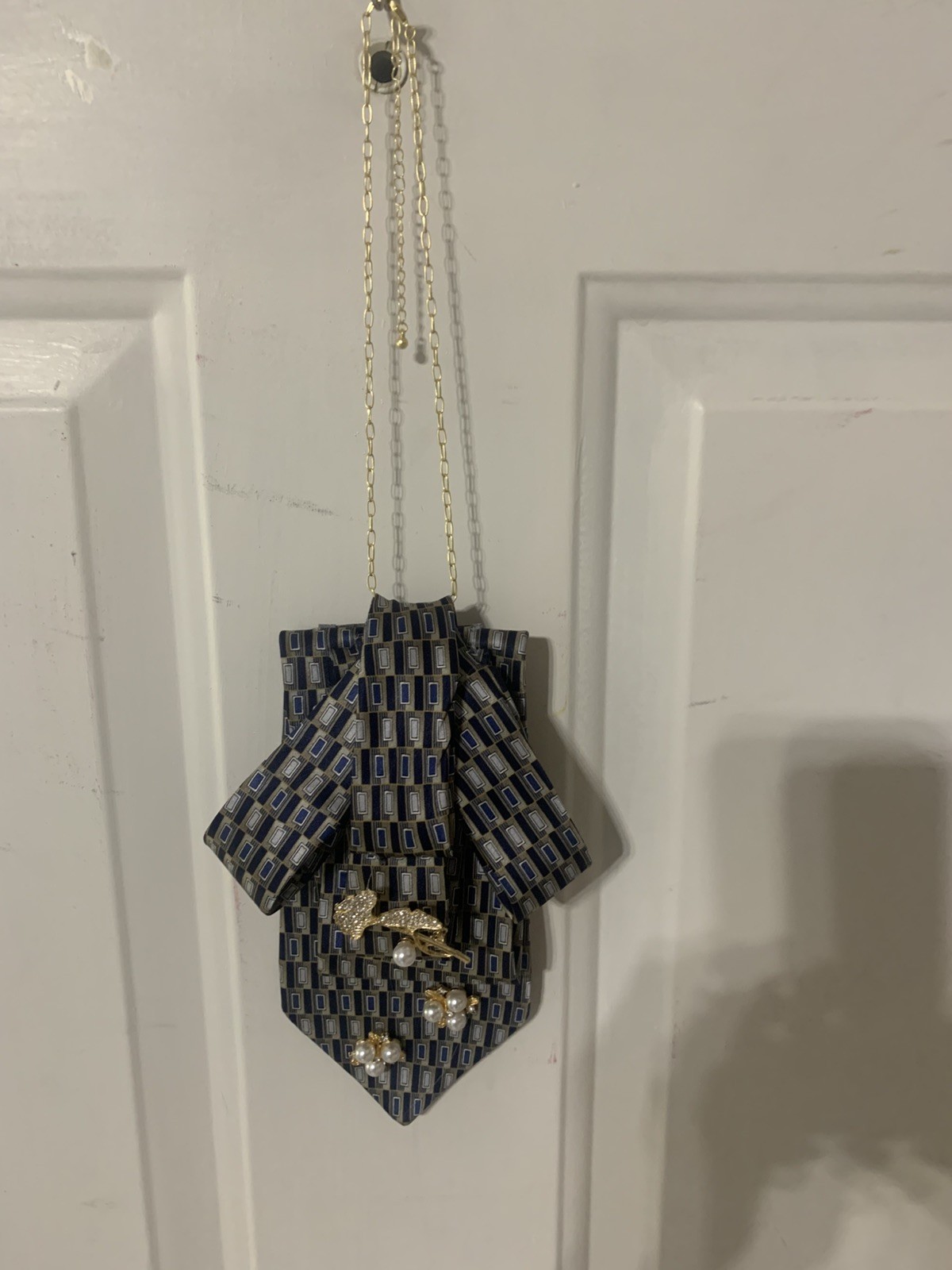 Ladies Necktie Necklace Blue Gray Gold Interchangeable