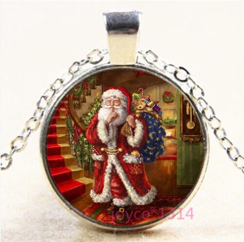 New!BONUS SANTA CLAUS Vintage Photo Cabochon Glass Silver Chain Pendant Necklace