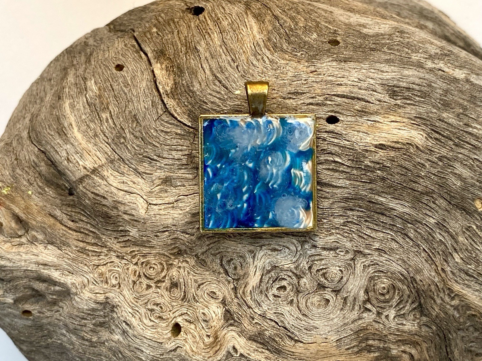 Square Blue Art Design Pendant Charm, Bezel Set, No Stone, Undated Era