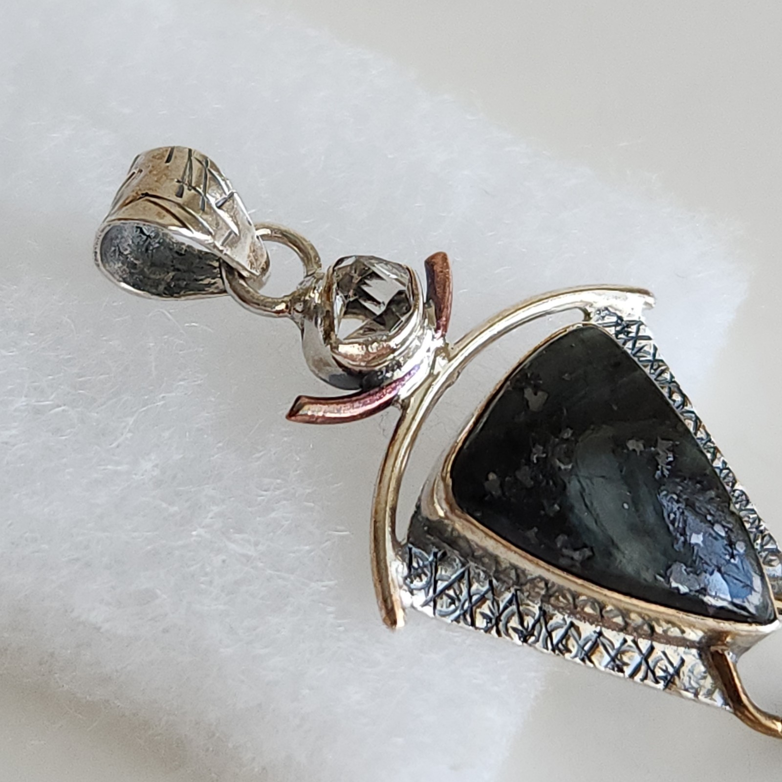 Sterling Silver Black Moss Agate Pendant 925 Artisan Mixed Metal 5.3g