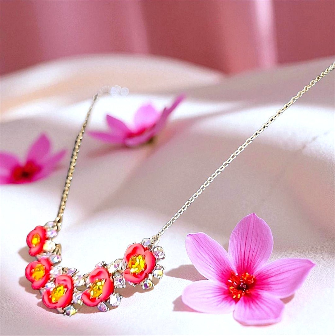 Pink And Green Crystal Flower Gold Chain Necklace With Adjustable Chain By BJ