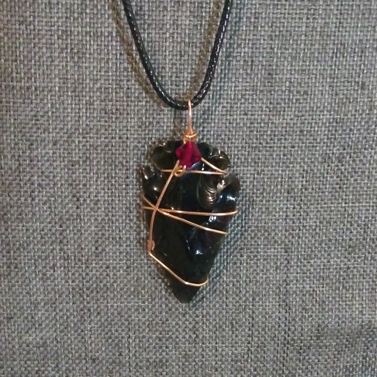 Black Cord Necklace Copper Wire-Wrapped Arrow head Charm Pendant Lobster Clasp