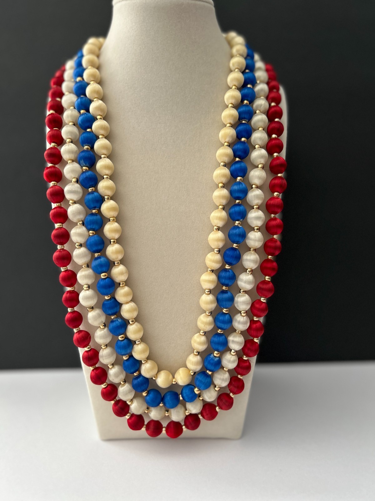 4 Vintage Cream RED WHITE & BLUE Silk Satin Thread Beaded Necklaces 4Th of July