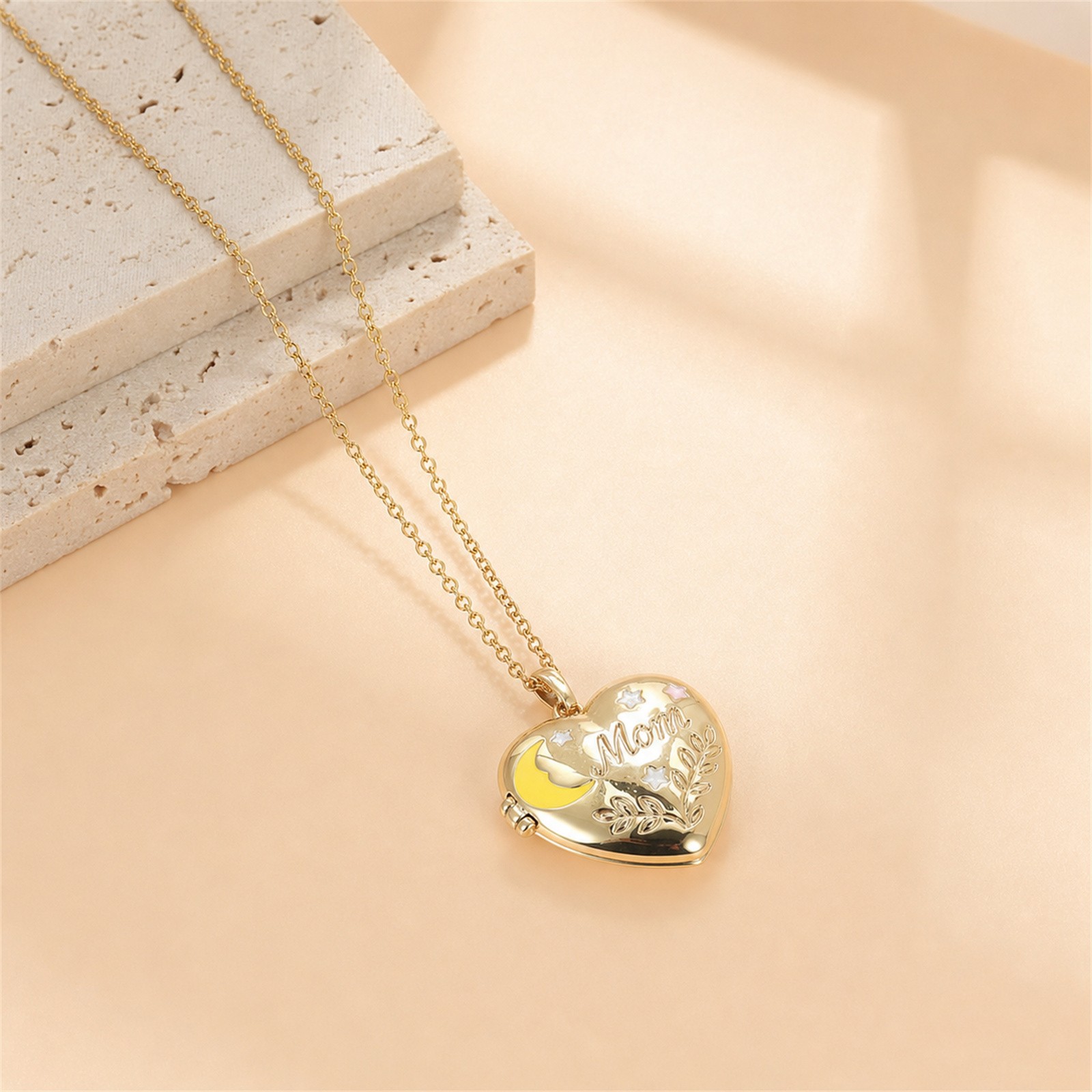 Engraved “Mom” Colorful Enamel Heart Pendant Photo Locket Necklace Adjustable