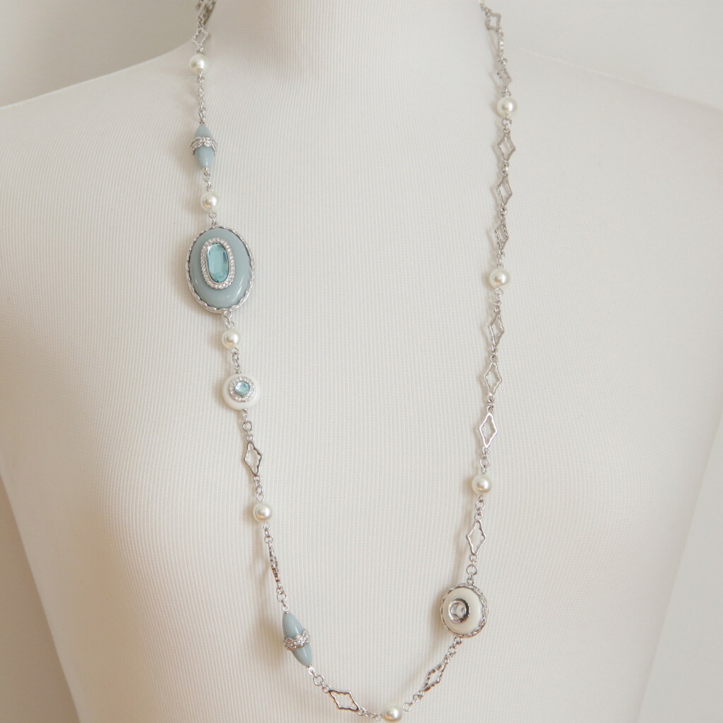 FASHION NECKLACE 35 INCHES TOPAZ BLUE STONE RHODIUM PLATED RESIN CRYSTAL PEARL