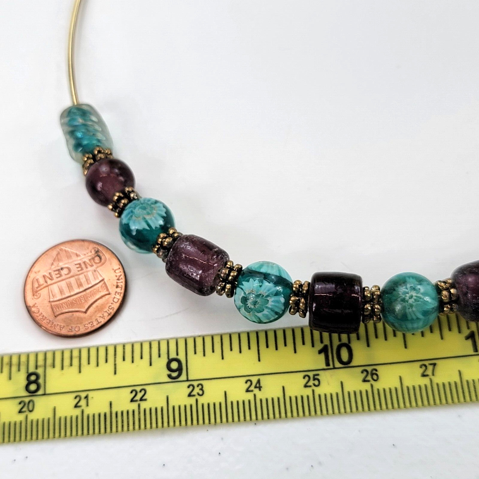 Purple And Green Glass Bead Wire Choker Necklace 15 in Gold Tone