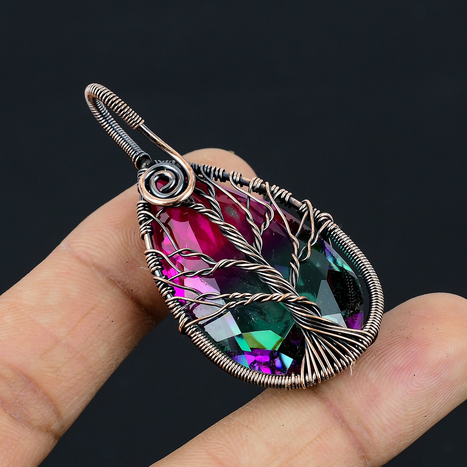 Bi Color Tourmaline Gemstone Copper Wire Wrap Jewely Pendant 2.2″ G558