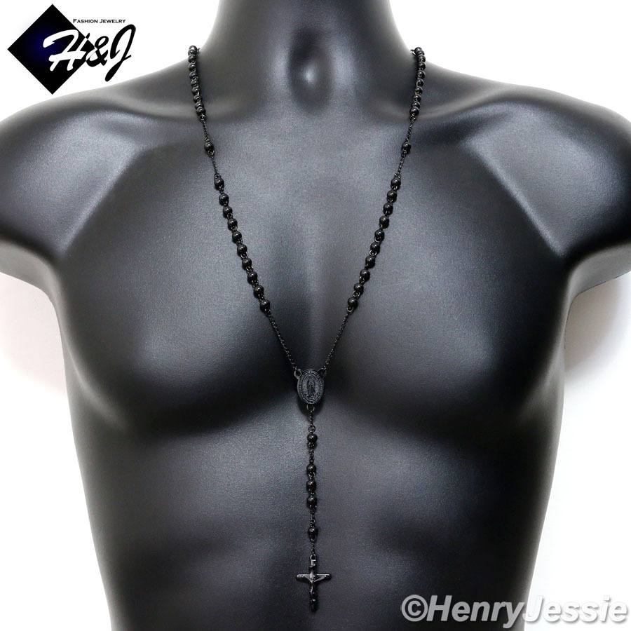 26+5″Stainless Steel 6mm Black Plated Beads Virgin Mary Cross Rosary Necklace*11