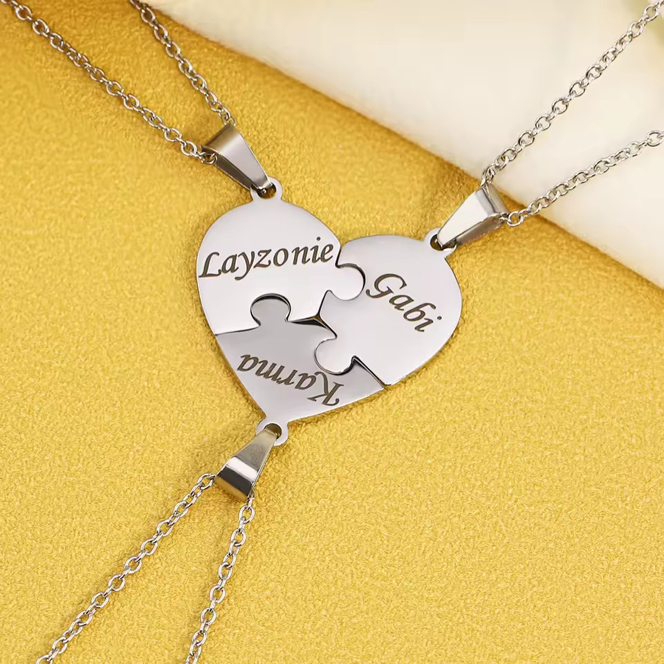 Personalized Puzzle Heart Necklace Custom Engraved BFF Family Birthday Gift Set