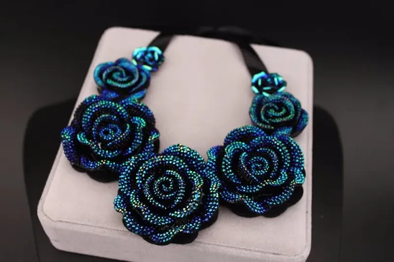 Blue Resin Flower Necklace Earrings Set Women Chunky Statement Jewelry New Gift