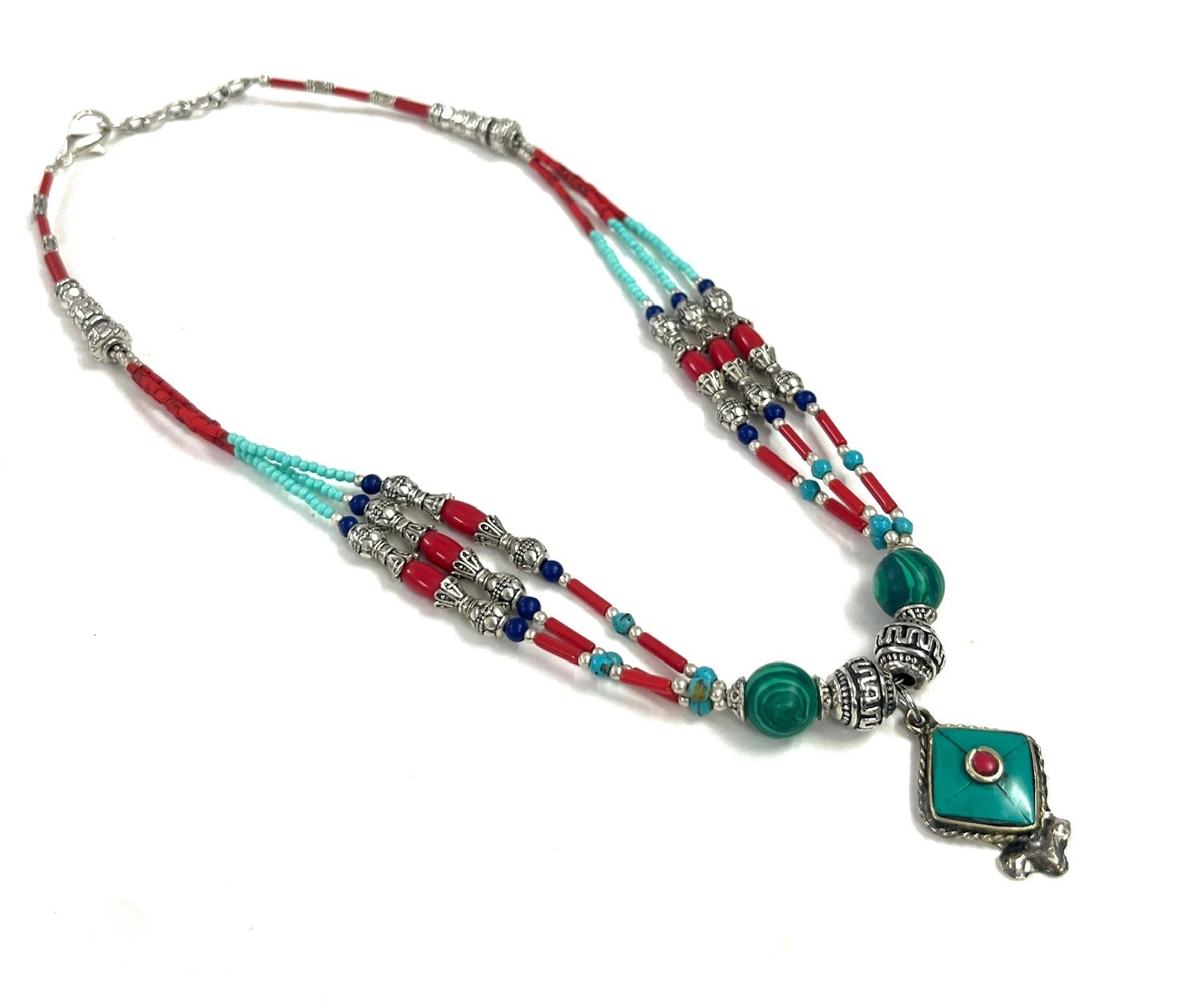 Antique Turquoise Coral Gemstone Tibetan Style Necklace Jewelry, 17 Inc Adjs