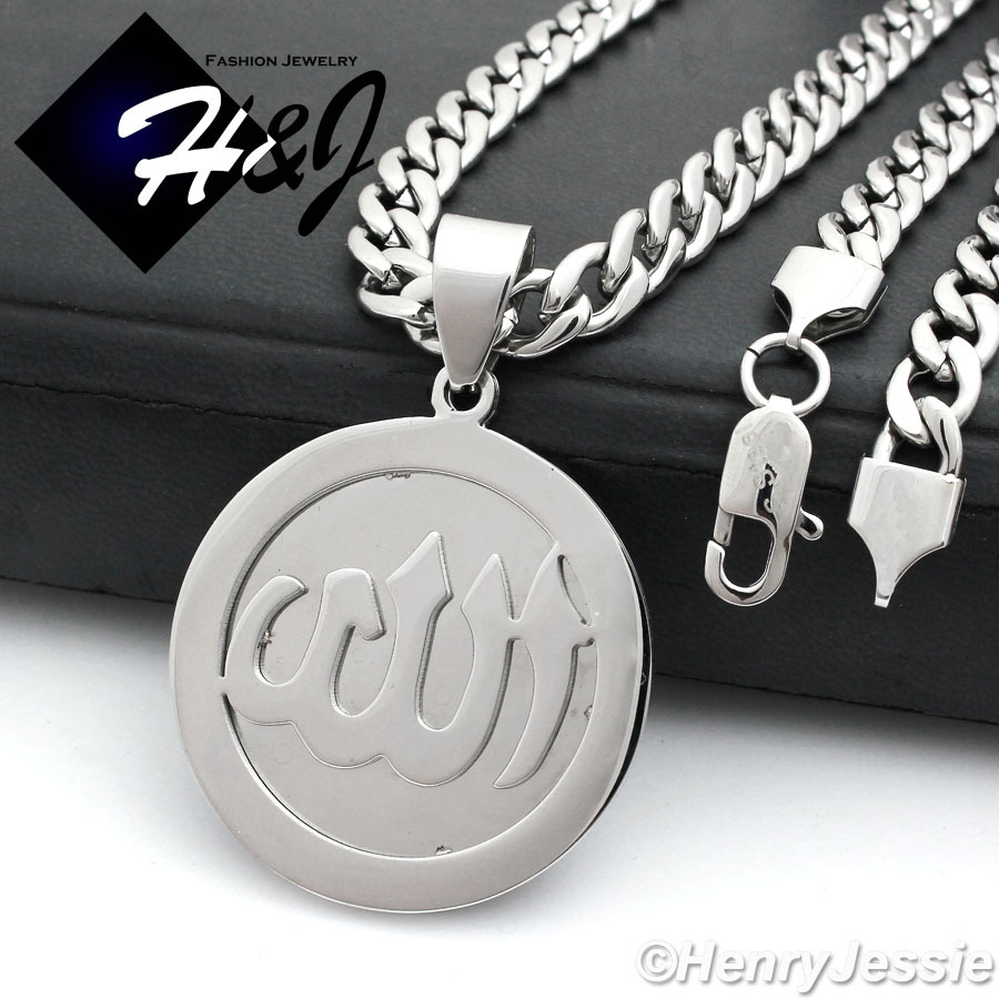 24″MEN Stainless Steel 6mm Silver Cuban Curb Necklace Allah Round Pendant*P78