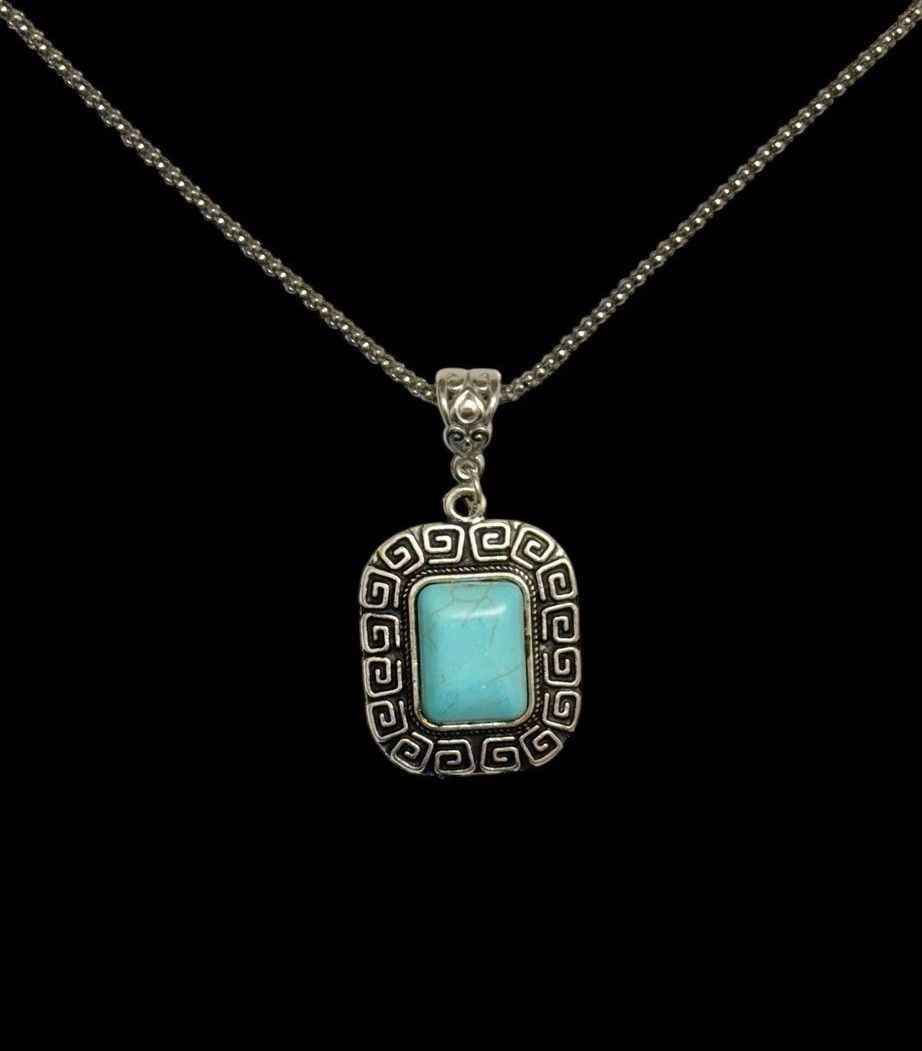 NEW WOMEN’S TIBETAN SILVER-TONE TURQUOISE AZTEC FRAMED PENDANT NECKLACE