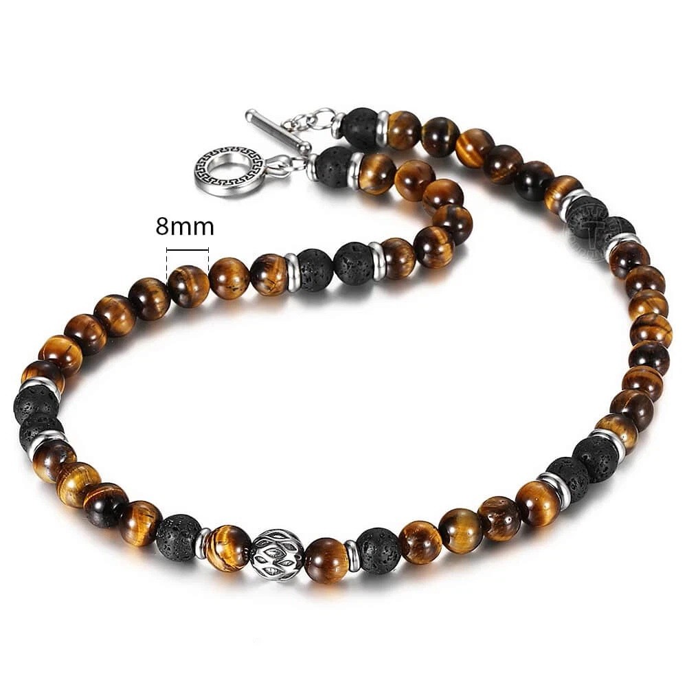 24″ Men’s Tiger Eye Necklace 8mm Natural Lava Beads Stainless Steel Toggle US