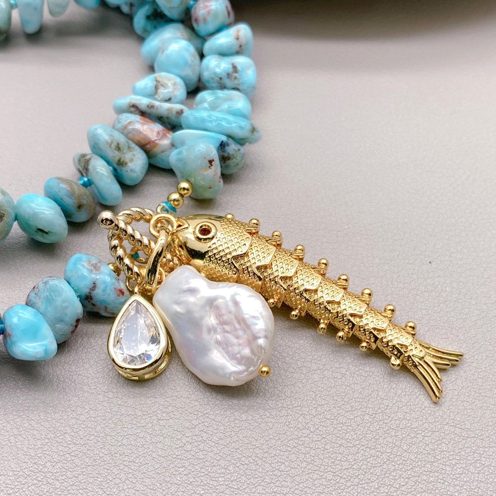 Blue Larimar Strand Necklace White Coin Pearl Fish Pendant Bohemia Jewelry