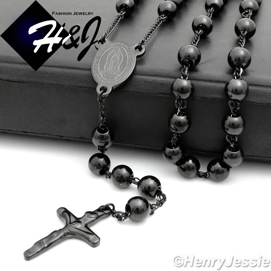 26+5″Stainless Steel 6mm Black Plated Beads Virgin Mary Cross Rosary Necklace*11