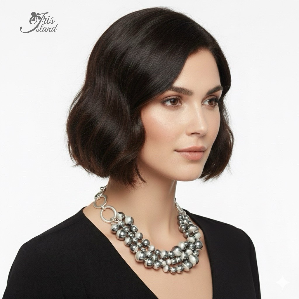 Chunky Silver Plated Shell Pearl Statement Necklace 16.5” Multi Strand Choker 65
