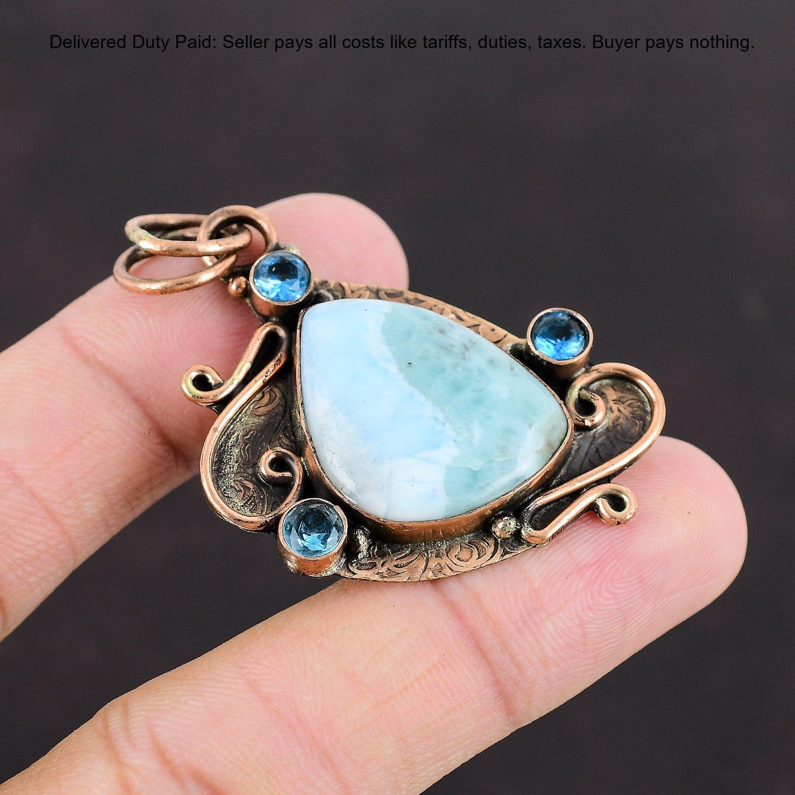 Trillion Larimar Gemstone Swiss Blue Topaz Copper Bezel Graduation Wife Pendant