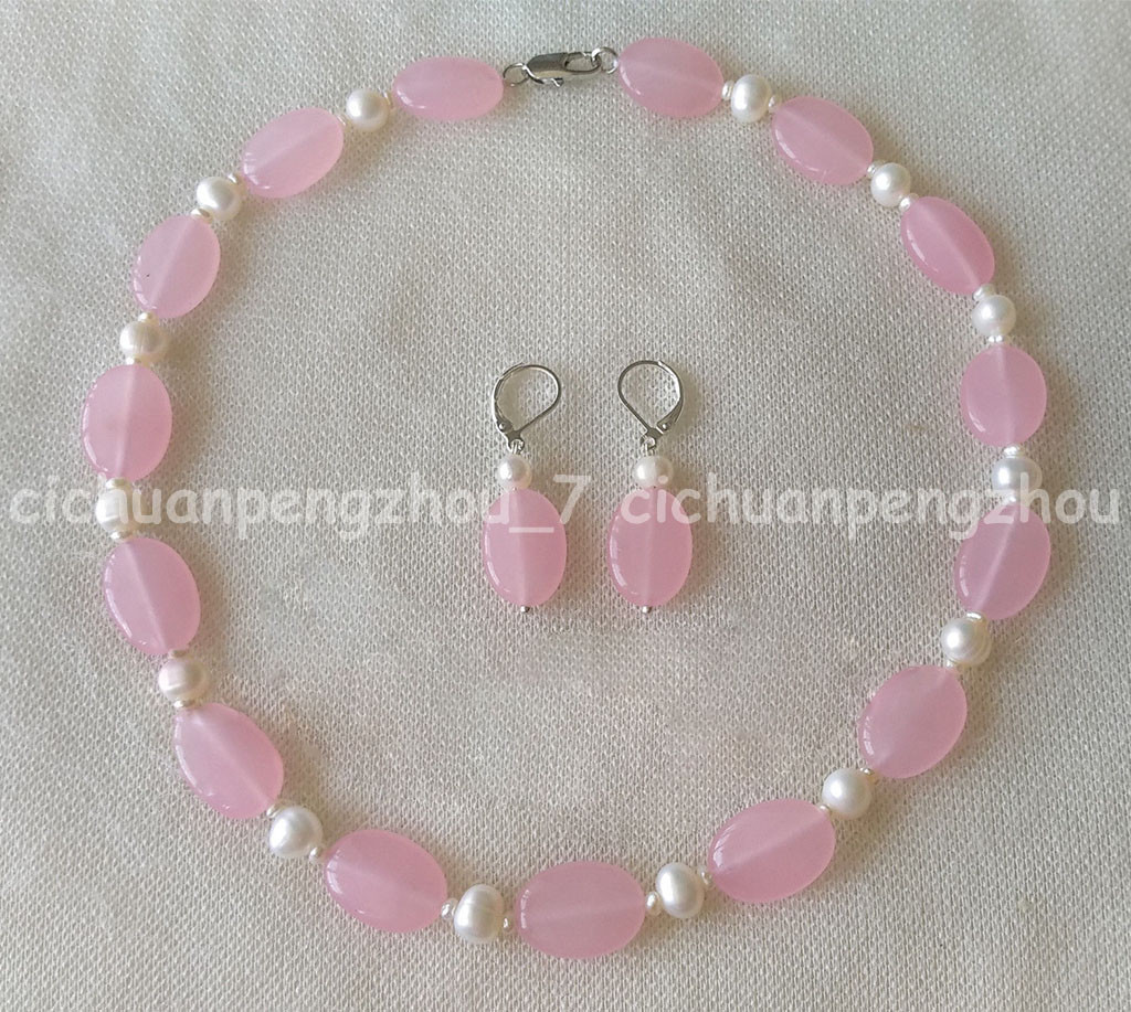 7-8mm White Freshwater Pearl 13x18mm Pink Jade Necklace Earrings Set 18-36”