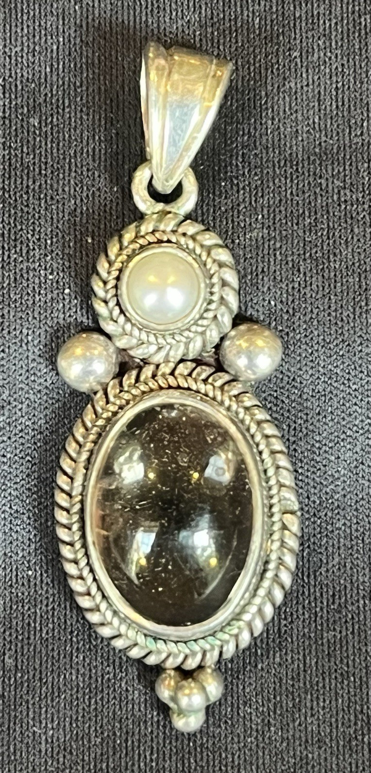 Silver pendant smoky quartz oval cabochon bezel set charm pearl accents