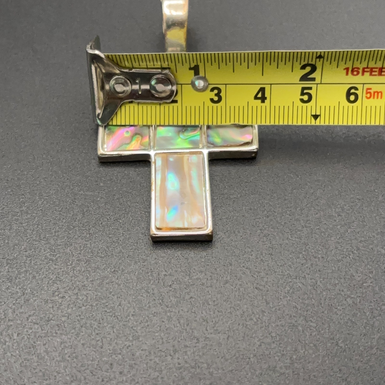 Silver Tone Abalone Shell Inlay Cross Pendant Hinged Bail