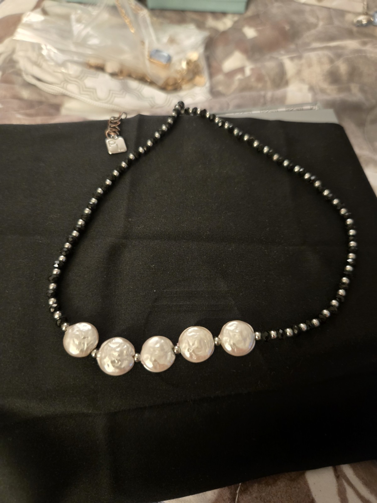 Black Hematite Beaded Necklace with Round White Pearl Beads, Ball/Bead Chain