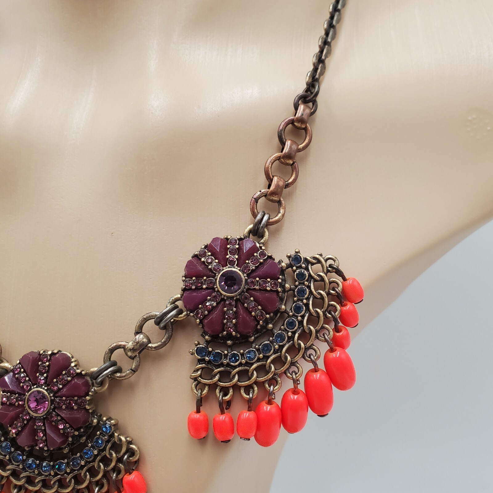 J Crew Necklace 18in +3 Brass Tone Neon Orange Bead Purple Crystals READ Flaw