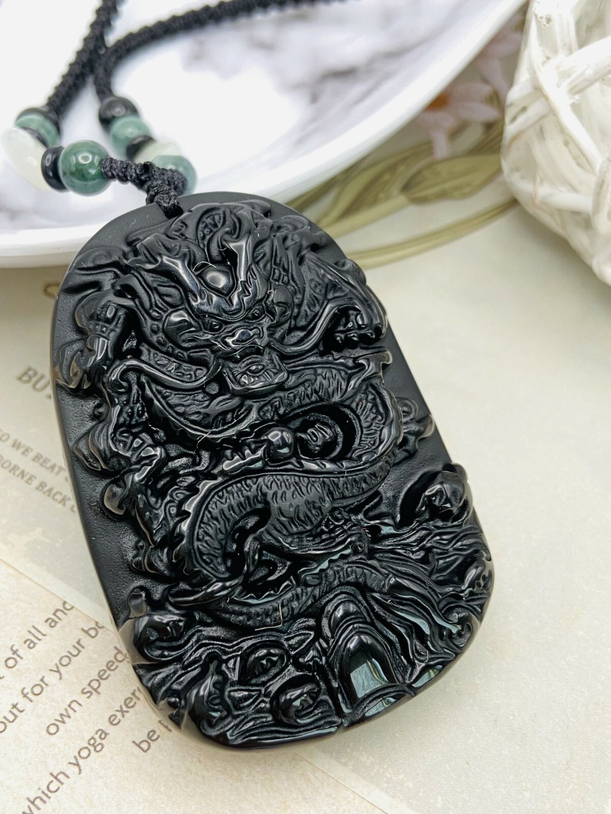 Jade Obsidian Dragon Charm Pendant Necklace Beads Cord Handmade Carved Gemstone