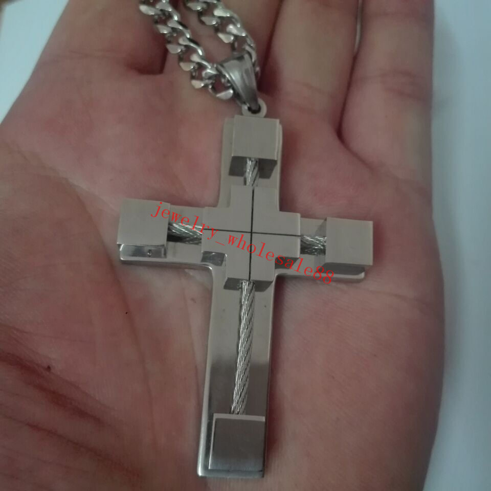 20”-32” Large Stainless Steel Wire crucifix Cross Pendant Curb Chain Necklace