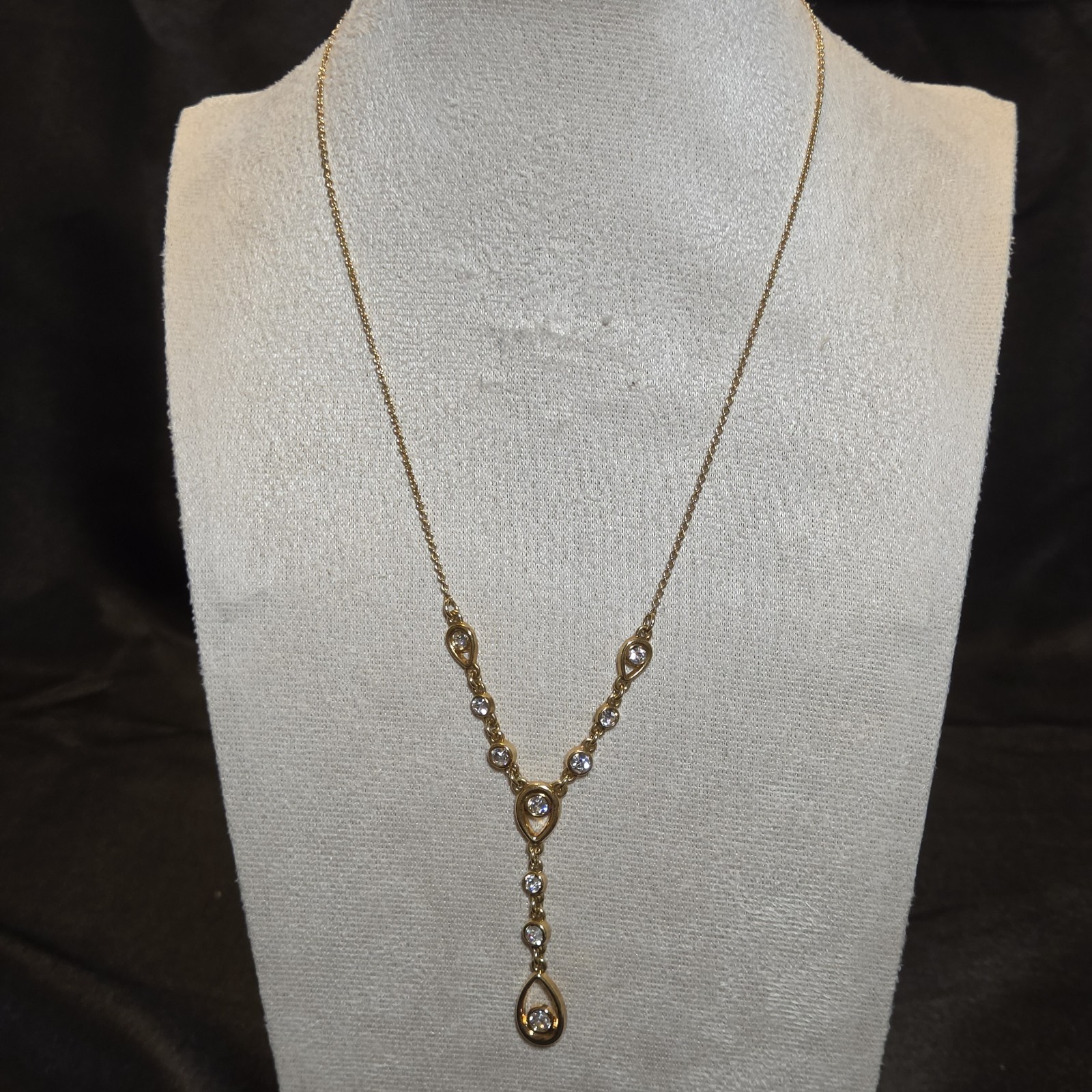 Gold-tone Y Necklace With Sparkling Crystal Drop Accents. Elegant Everyday Wear