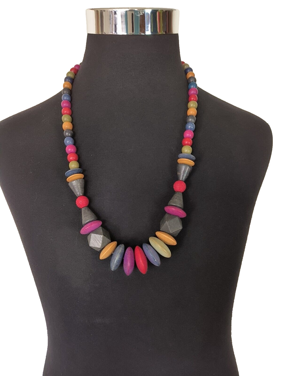 Women’s Statement Necklace Multicolor Wooden Beads Assorted Sizes 15 in drop