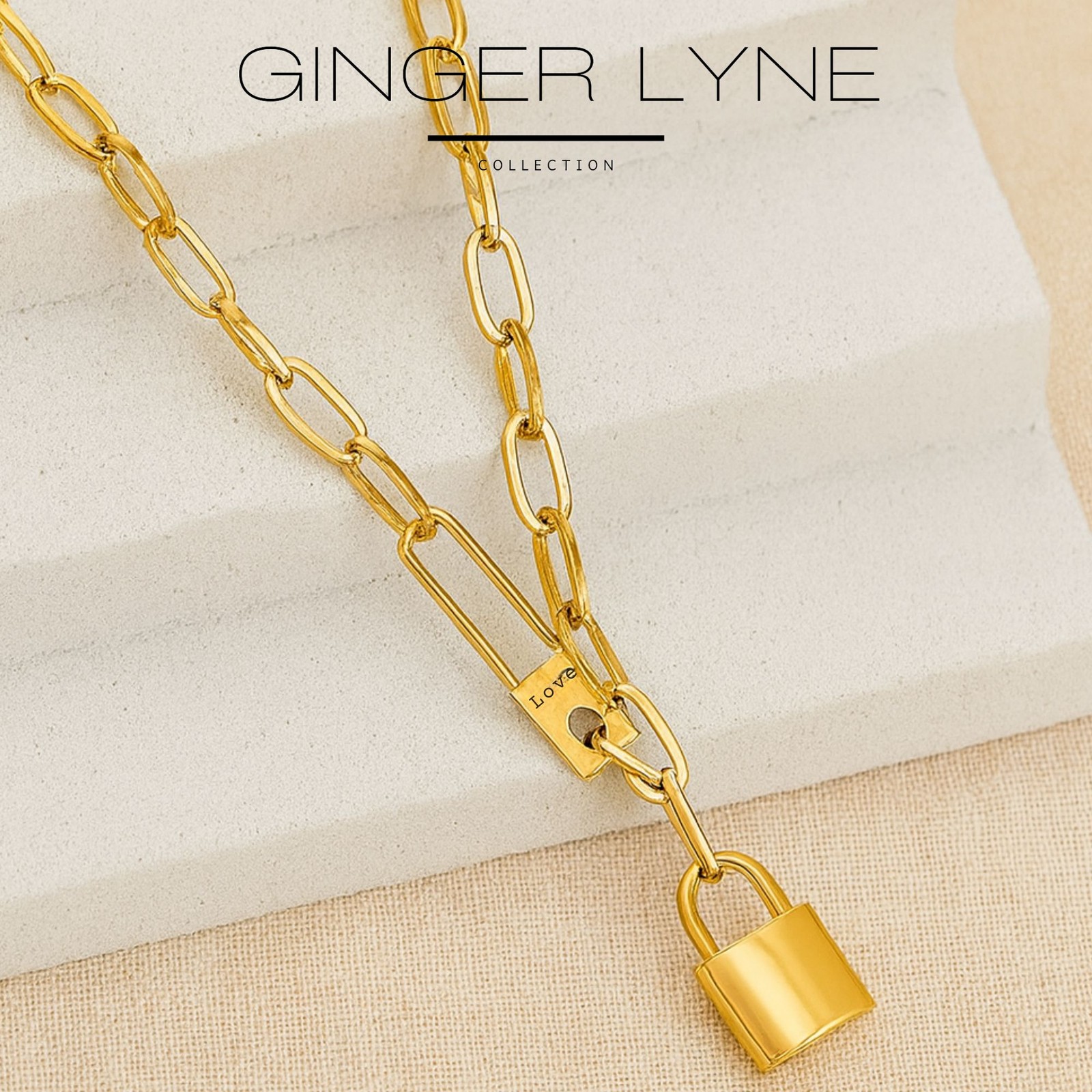 Oval Chain Necklace for Women Lock Pendant 18K Gold Plated Stainless Steel Ad…