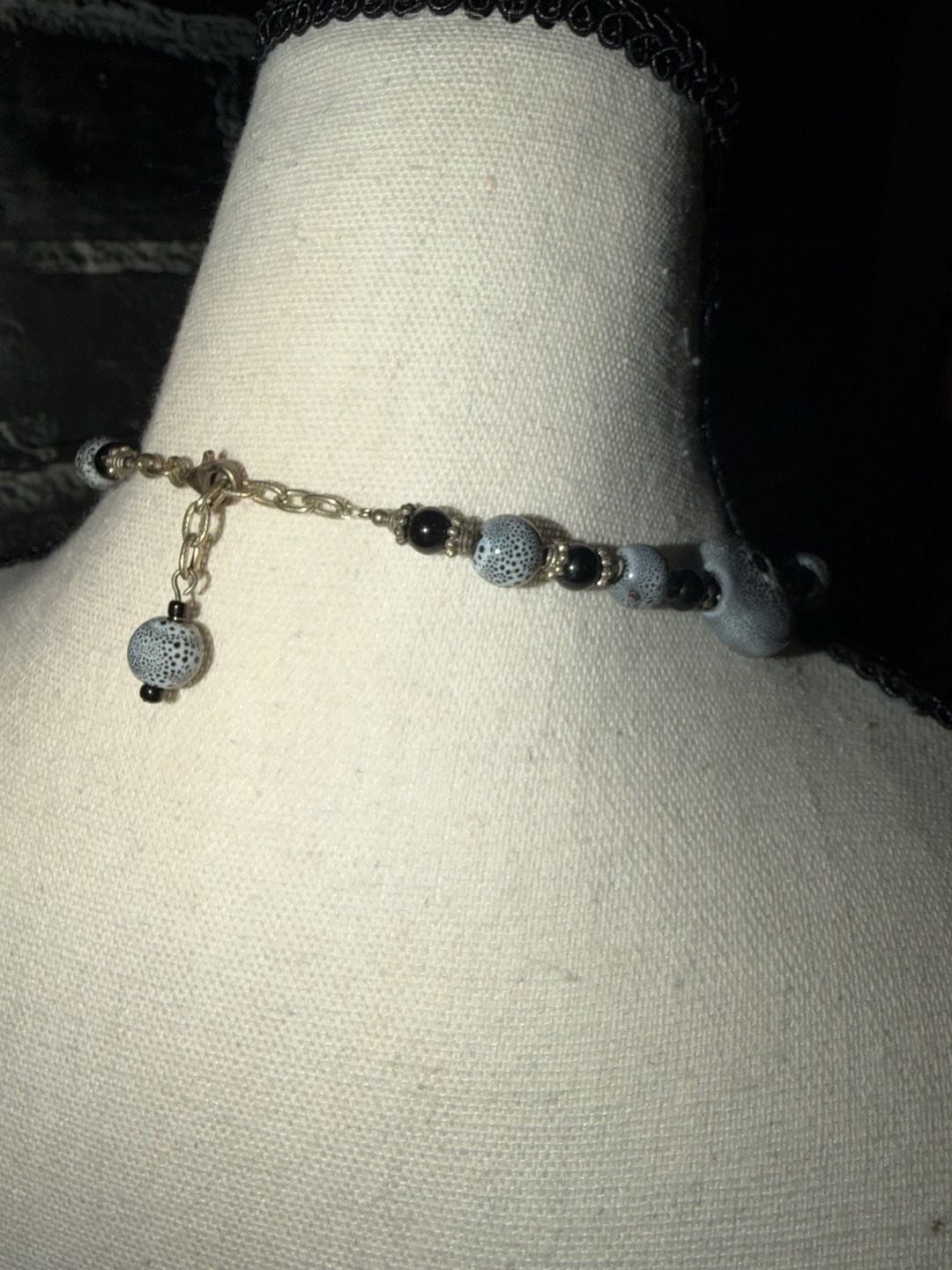 Chunky Speckled Grey Ceramic and Black Bead Statement Necklace
